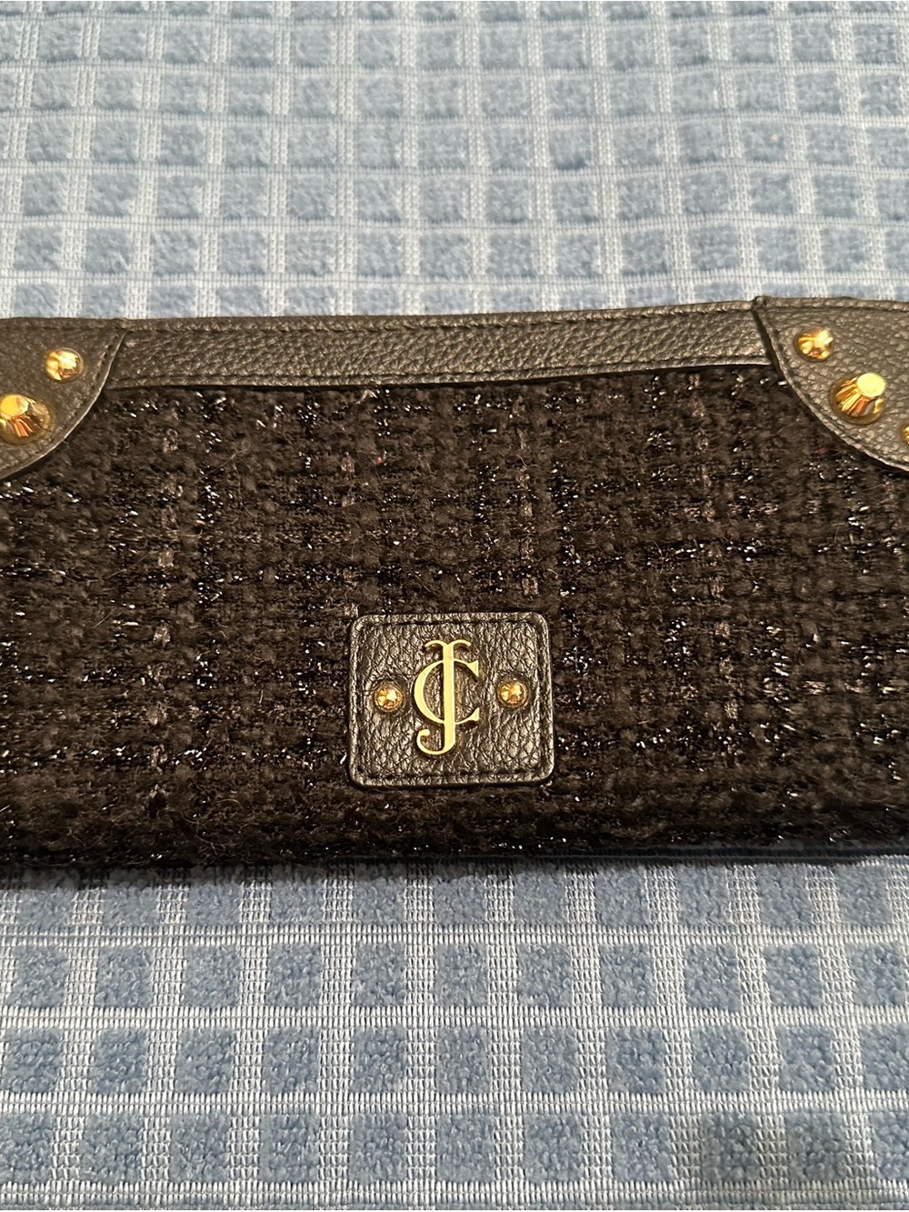 Juicy Couture Black Tweed & Leather Card Holder with Gold Logo NWOT